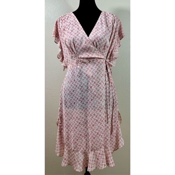 NWOT Feather & Bone by Anthropologie Flutter Sleeve Pink & Cream Wrap Dress S - Picture 3 of 10